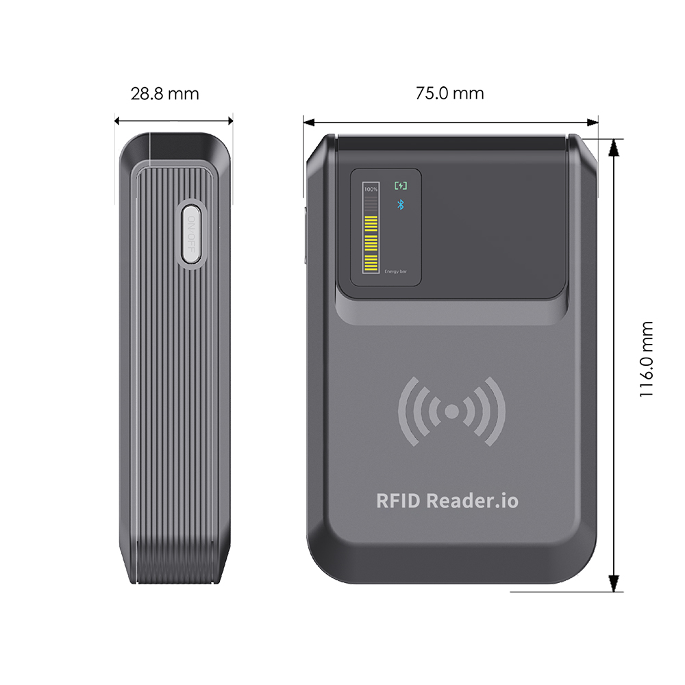 iPhone RFID Reader Dimensions Chart — RFID Reader.io Dimension diagram of iPhone RFID Reader by RFID Reader.io (116 × 75 × 28.8 mm) with scale annotations