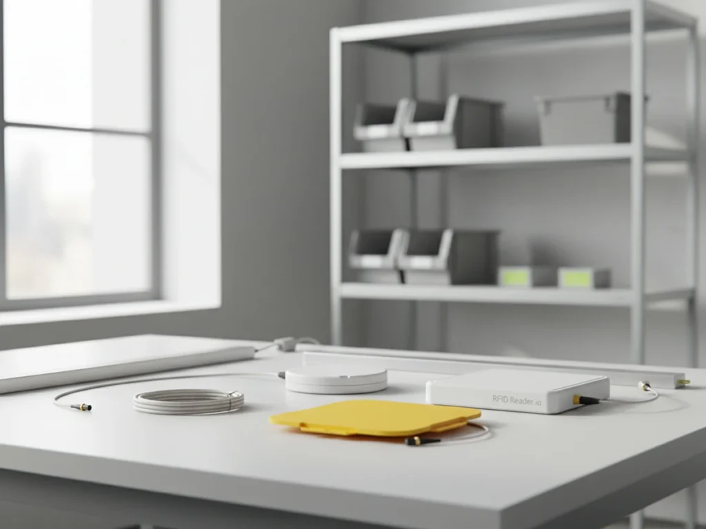 What types of RFID Antennas are available? 1 Various RFID antennas including panel, circular, and linear models on a clean industrial table from RFID Reader.io