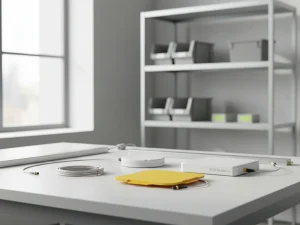 Various RFID antennas including panel, circular, and linear models on a clean industrial table from RFID Reader.io