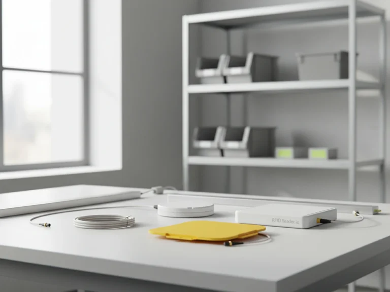 What types of RFID Antennas are available? 6 Various RFID antennas including panel, circular, and linear models on a clean industrial table from RFID Reader.io