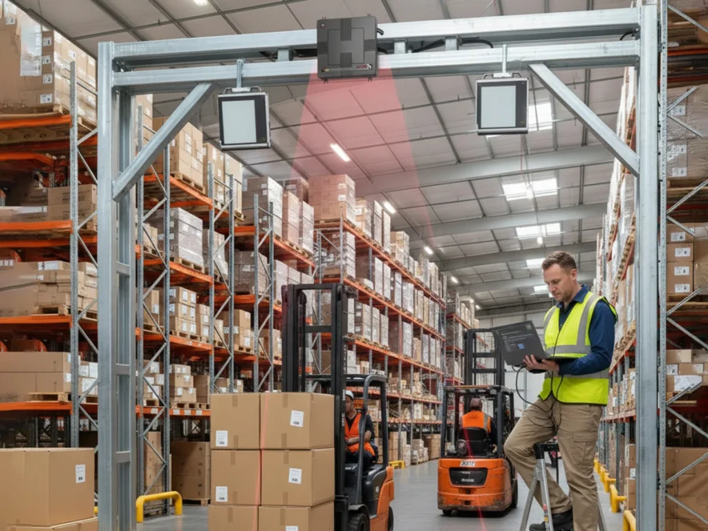 How to Choose the Right Fixed RFID Reader for Your Warehouse 1 An engineer sets up a fixed RFID reader in a warehouse aisle using a laptop, preparing the system for inventory tracking.