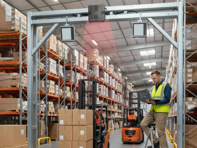 An engineer sets up a fixed RFID reader in a warehouse aisle using a laptop, preparing the system for inventory tracking.