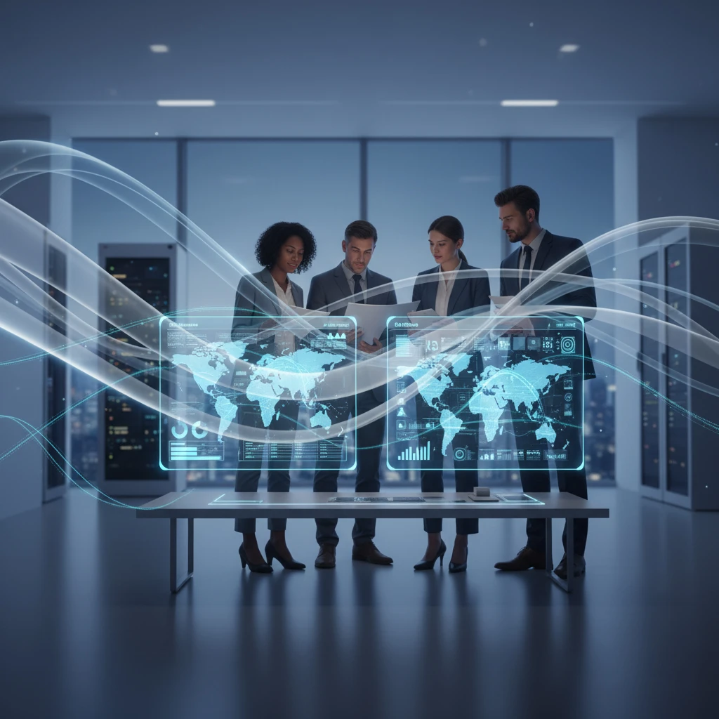Global Trends in Fixed RFID Reader Deployment Across Industries 2 Engineers and logistics planners reviewing RFID network analytics on transparent digital displays, showcasing real-world RFID reader integration across industries.