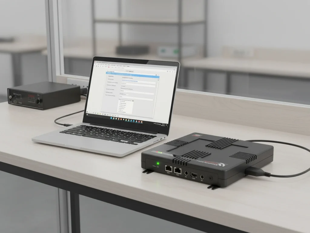 What Communication Interfaces Are Supported by the Fixed RFID Reader? 2 Fixed RFID Reader placed beside laptop during configuration