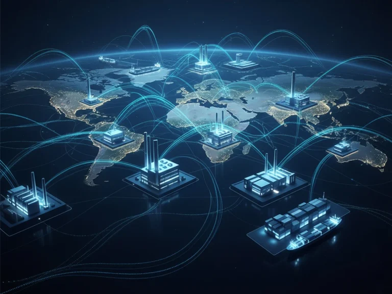 Global Trends in Fixed RFID Reader Deployment Across Industries 8 Aerial view of global logistics and manufacturing networks connected through RFID data signals, illustrating worldwide fixed RFID reader deployment by RFID Reader.io.