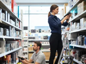 Retail employees using Handheld Terminals to scan products, showing mobile RFID solutions from RFID Reader.io.