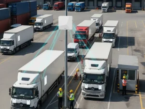 Logistics yard with trucks equipped with RFID tags passing a long range RFID reader from RFID Reader.io.