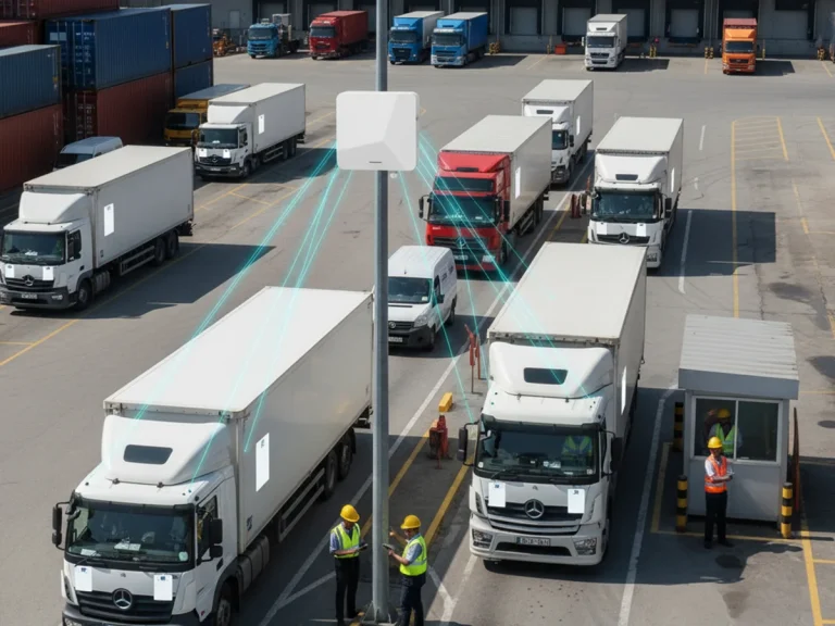 Long Range RFID Readers in Vehicle and Logistics Tracking 5 Logistics yard with trucks equipped with RFID tags passing a long range RFID reader from RFID Reader.io.