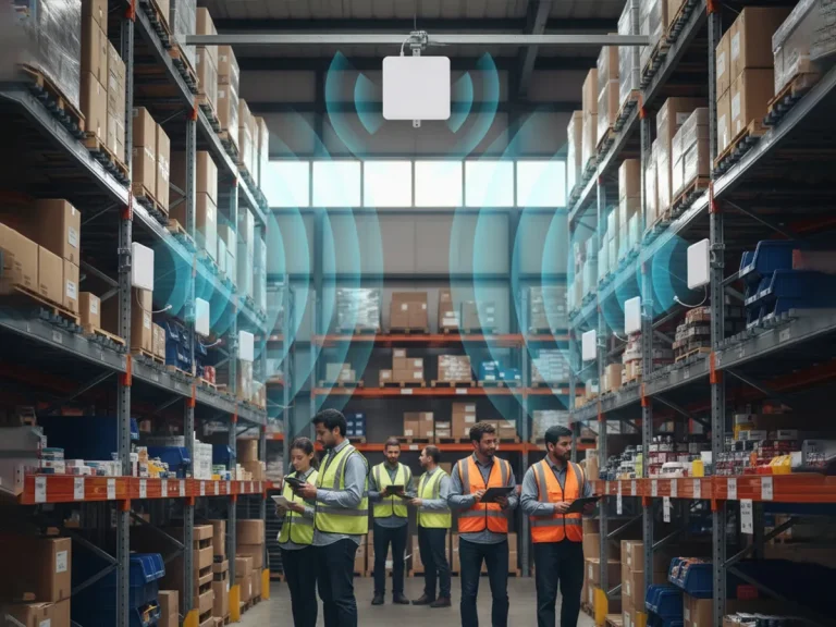 How to Integrate RFID Antennas with Fixed Readers for Optimal Coverage 4 Warehouse aisle with fixed RFID reader and antennas from RFID Reader.io providing full inventory coverage.