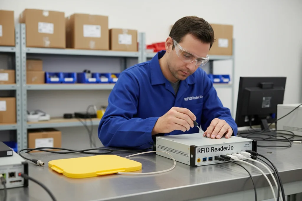 What types of RFID Antennas are available? 3 Technician connecting an RFID antenna to a fixed reader in a light industrial lab using RFID Reader.io equipment