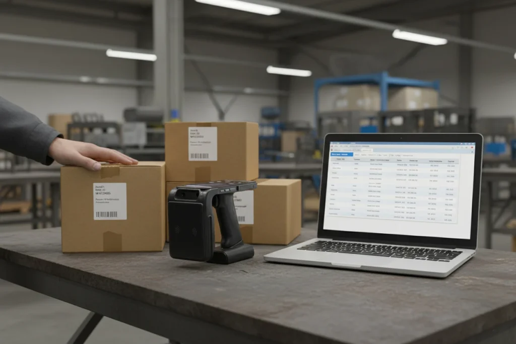 Choosing the Right Handheld Terminal for Your RFID Application 2 RFID handheld terminal beside tagged products and laptop