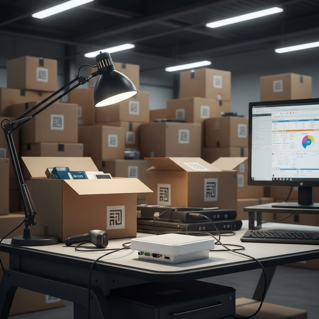 What is an RFID Module and How Does it Differ from a Reader? 3 RFID Reader device placed in a warehouse environment with tagged boxes in the background