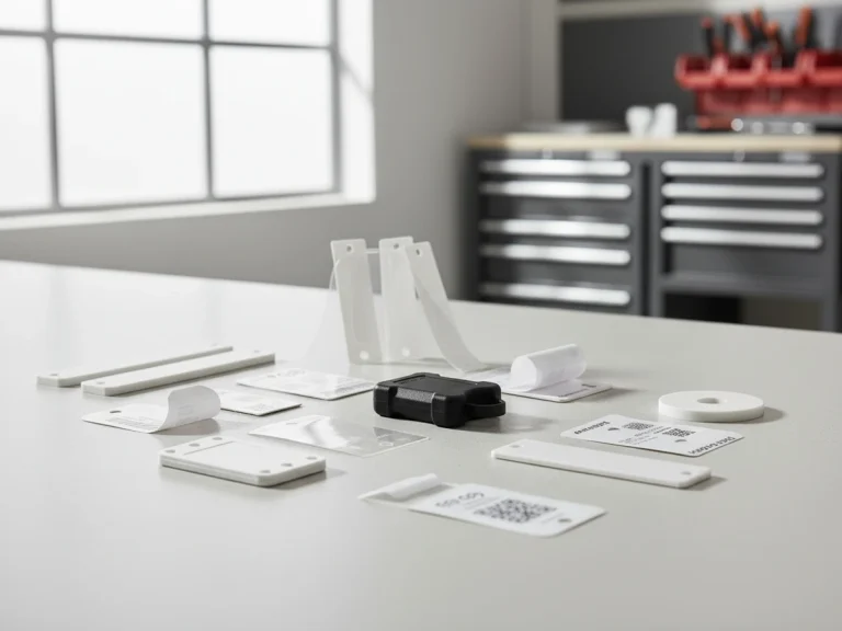 What Are the Main Types of RFID Tags? 5 Different types of RFID tags displayed on an industrial table from RFID Reader.io
