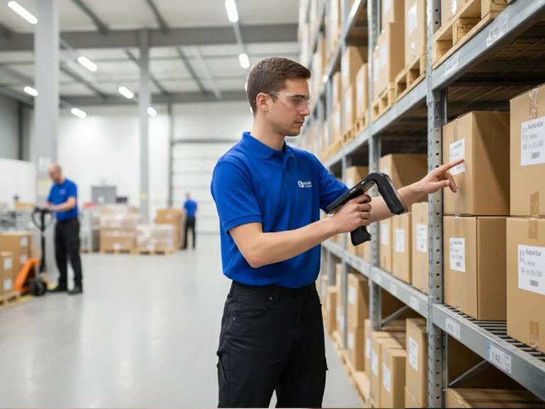 Worker using RFID handheld terminal in warehouse