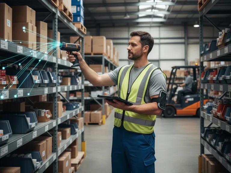 How to Integrate RFID Tags into Inventory Tracking Systems 5 Warehouse employee scanning products with a Handheld RFID Reader, integrating RFID tags into inventory system, RFID Reader.io.