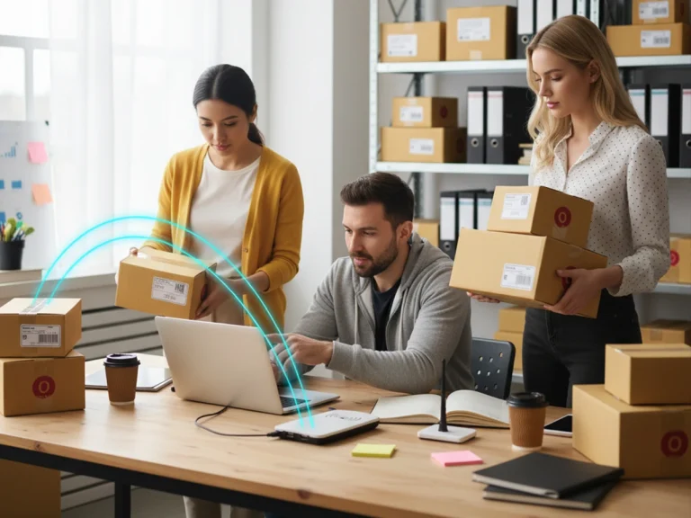 USB RFID Readers in Small Business Inventory Management 7 A realistic small business workspace with a USB RFID reader on a desk, staff naturally interacting while scanning RFID-tagged items, showcasing RFID Reader.io solutions for inventory management.