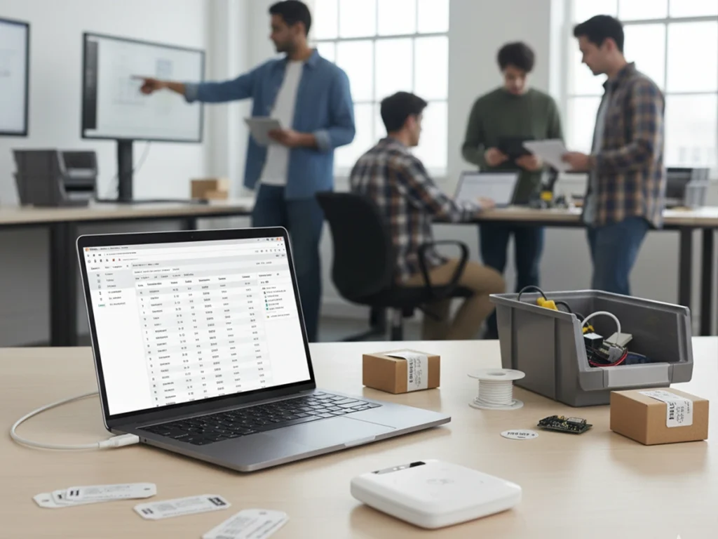 How to Integrate USB RFID Readers with PC Inventory Systems 1 USB RFID reader connected to a laptop on a desk with inventory tags and engineers working in the background