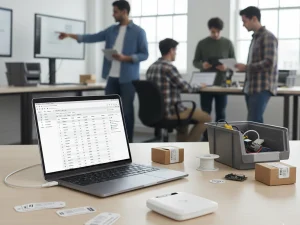 USB RFID reader connected to a laptop on a desk with inventory tags and engineers working in the background