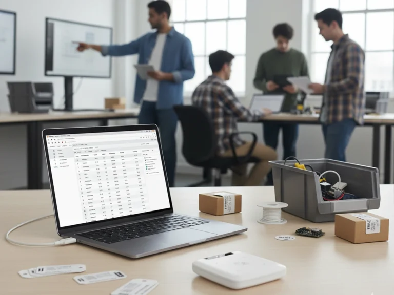 How to Integrate USB RFID Readers with PC Inventory Systems 10 USB RFID reader connected to a laptop on a desk with inventory tags and engineers working in the background