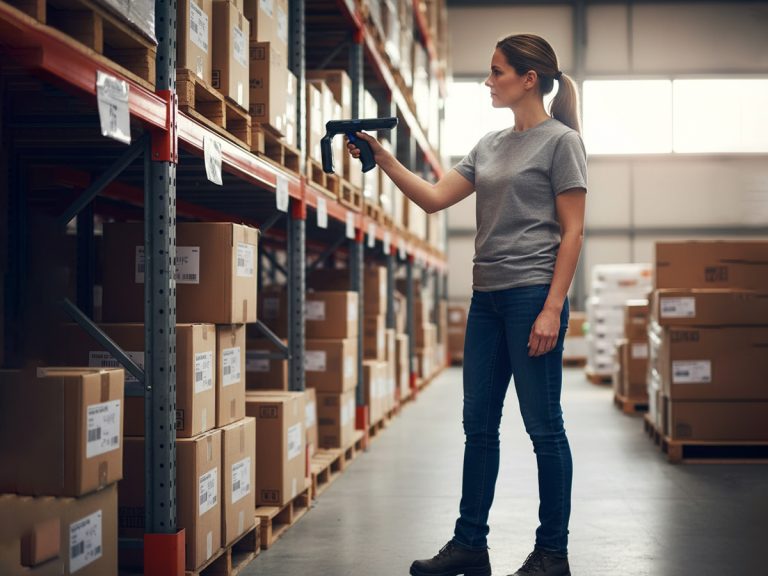 Industry Trends in Mobile RFID Inventory Solutions 9 Worker scanning inventory boxes with a handheld USB RFID reader in a warehouse, products visible on shelves