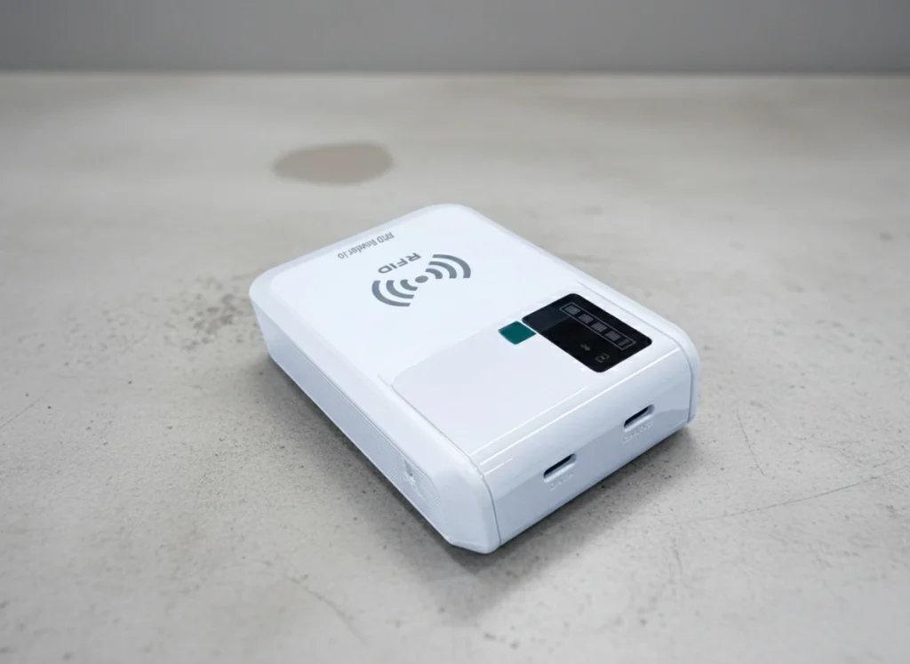 How iPhone RFID Readers Are Redefining Mobile Asset Tracking 2 Close-up view of an iPhone RFID Reader device placed on an industrial-style desk surface