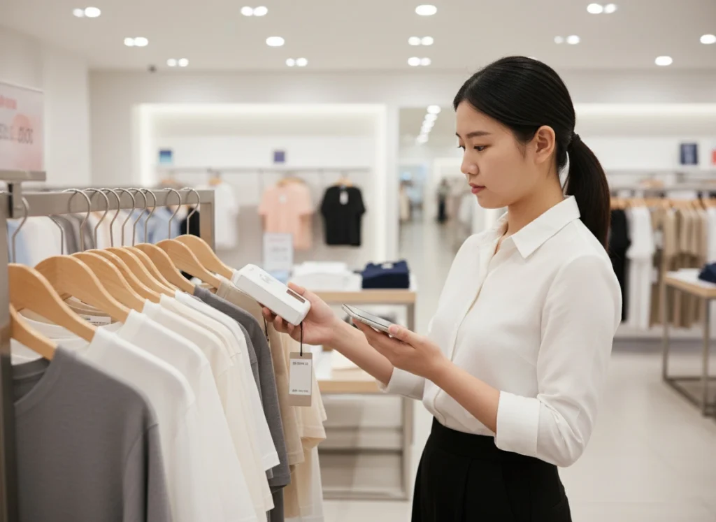 What Are the Typical Use Cases for Portable RFID Readers? 2 Retail employee scanning product tags with an iPhone RFID Reader