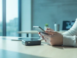 An iPhone RFID Reader connected with a Portable RFID device on a desk under soft daylight