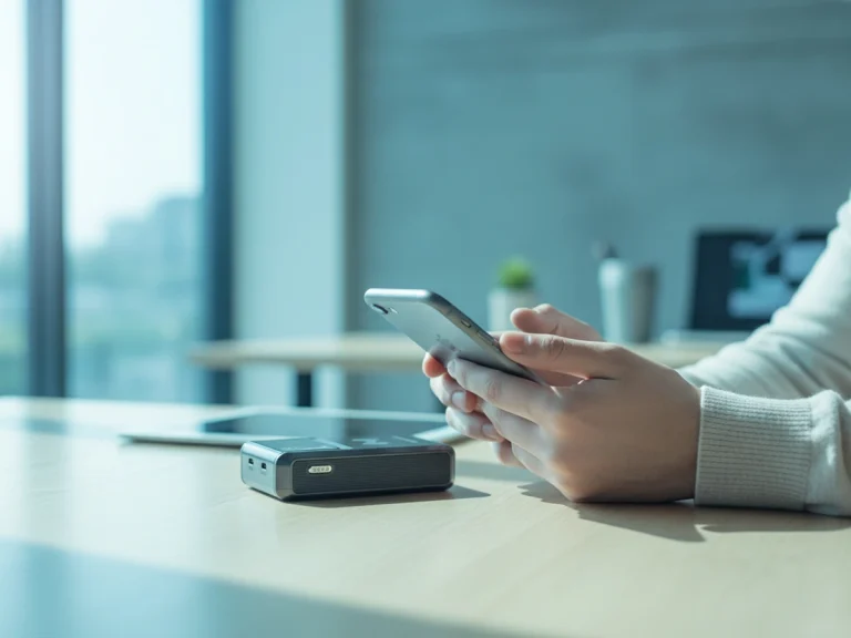 How iPhone RFID Readers Are Redefining Mobile Asset Tracking 1 An iPhone RFID Reader connected with a Portable RFID device on a desk under soft daylight