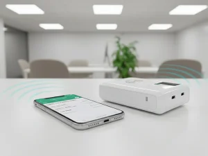 iPhone next to a Portable RFID Reader on a bright developer desk
